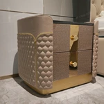 Quilted Leather Nightstand with Woven Panel & Gold Stainless Steel Accents